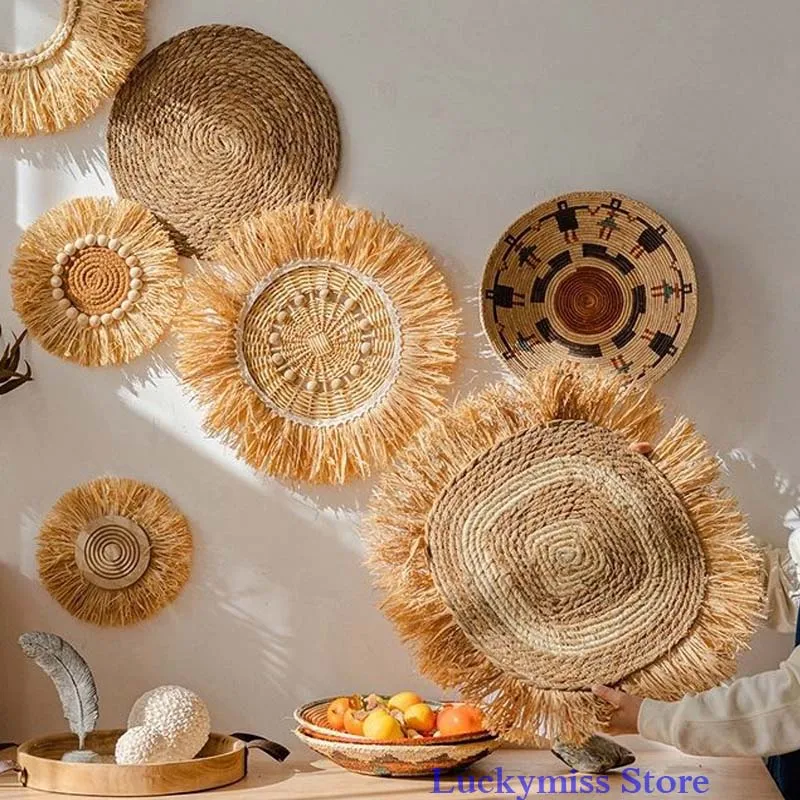 Natural Woven Raffia Wall Decor Set Boho Hanging Wall Ornament for Background Homestay Hotel Room Wall Decoration