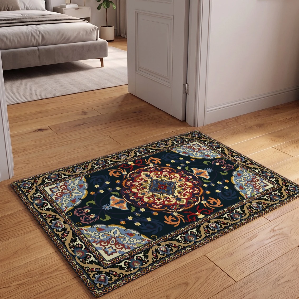 Soft Flannel Living Room Rug Dark Blue Mandala Area Rug Vintage Persian Non Slip Bedroom Carpet Large Washable Home Decor Mat