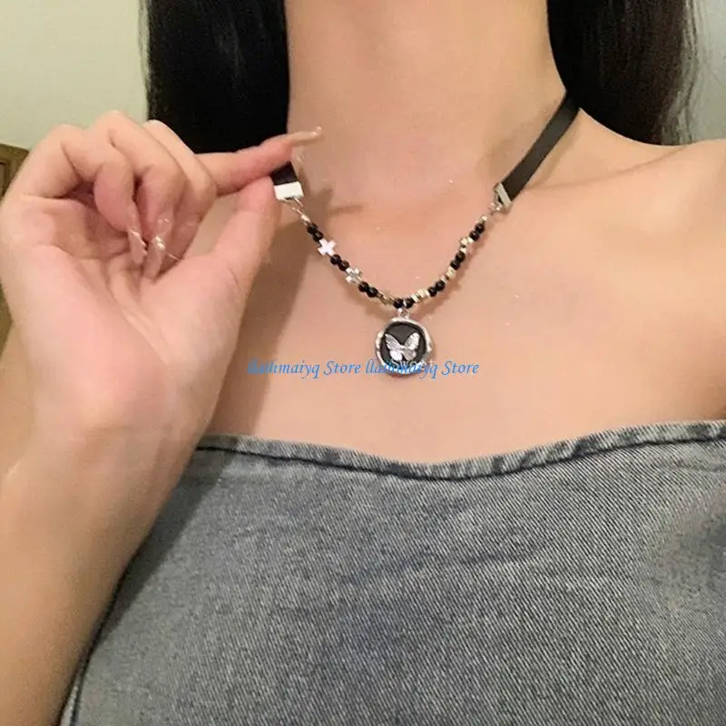573B 2023 Niche Self-Made National Trend Black Beads Lucky All-Matched Butterflies Necklace Retro National Necklace