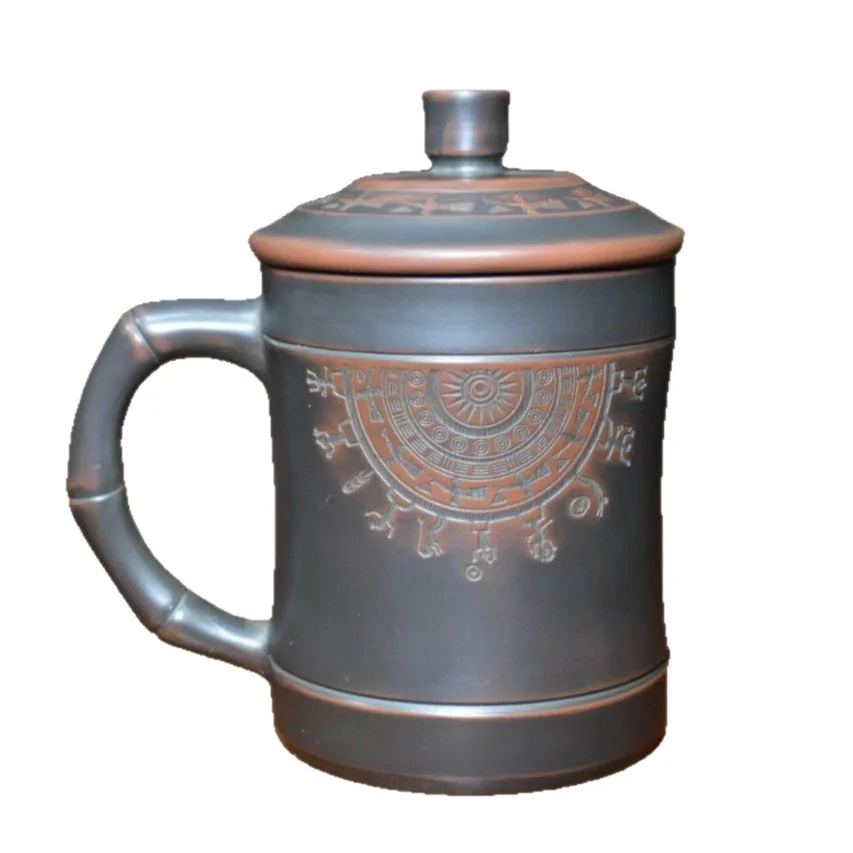 Nixing pottery water cup, Qinzhou, Guangxi, covered master cup, intangible heritage inheritance, bronze drum Huashan mural