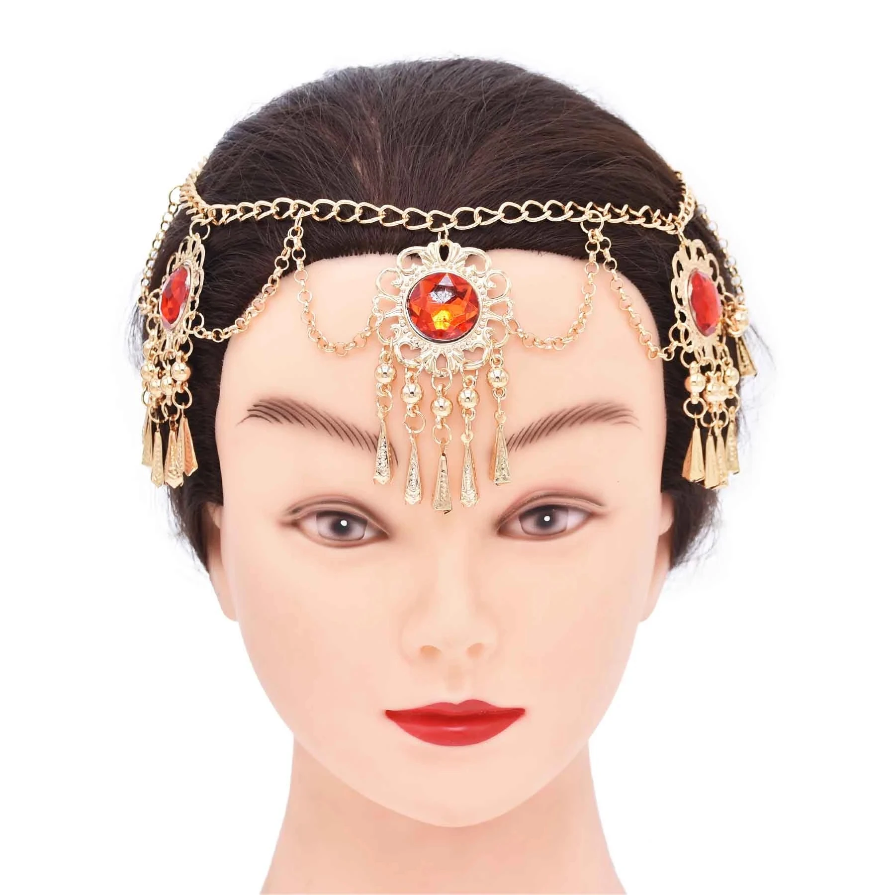 India Ethnic Bride Wedding Headwear Charm Hair Accessories Red Acrylic Crystal Flower Tassel Pendant Forehead Head Chain Jewelry