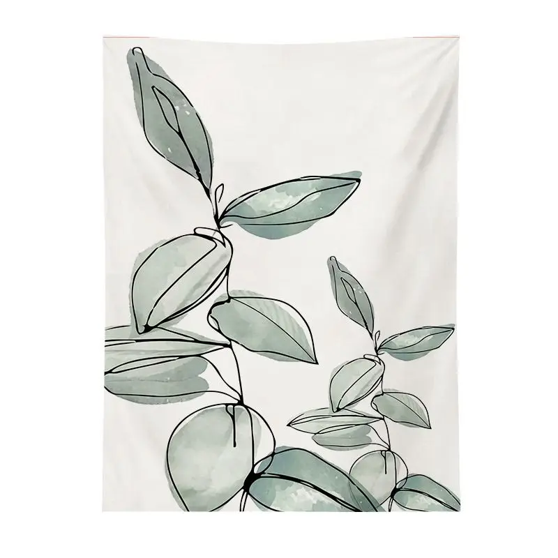 VIKAMA Watercolor Green Leaf Line Tapestry, Nordic Fresh Plants One Stroke Wall Hanging for Bedroom Living Room Decor