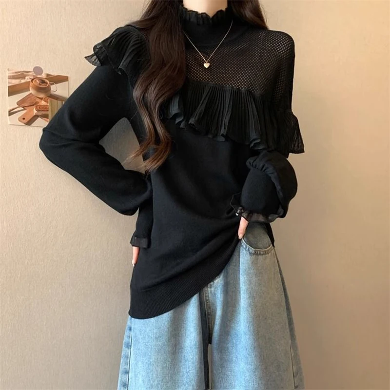 Half-high Collar Woolen Pullover Knit Mesh Fungus Patchwork Casual Jumper Japan All-match Slim Sexy Mujer