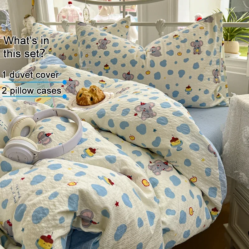 Cute Elephant Blue Polka Dot Microfiber 3 Piece Bedding Set, Bubble Crinkle Skin-Friendly Duvet Cover Set,Wrinkle Fade Resistant