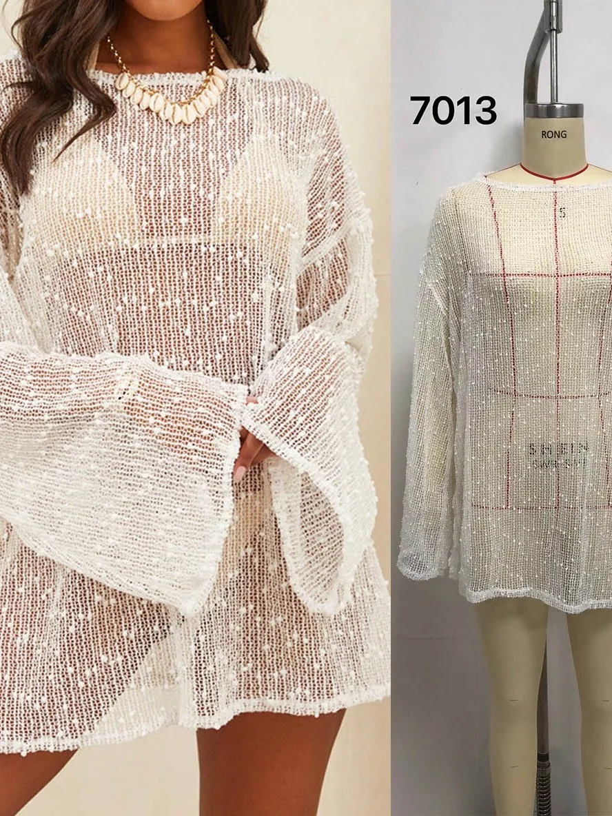 

Bikini Cover up One Shoulder Glowing Weave Hollow out Beach Dress European Style Loose Fit Polyester Snowflake Embellished
