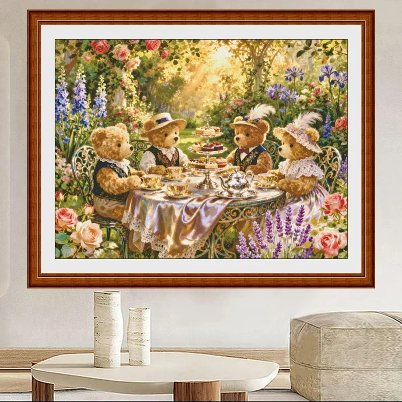 Stamped Cross Stitch Kit 11/14/16/18CT Pre Printed Canvas Cotton Threads DIY Embroidery Wall Decor[ZZ7951-Teddy Bear Tea Party]
