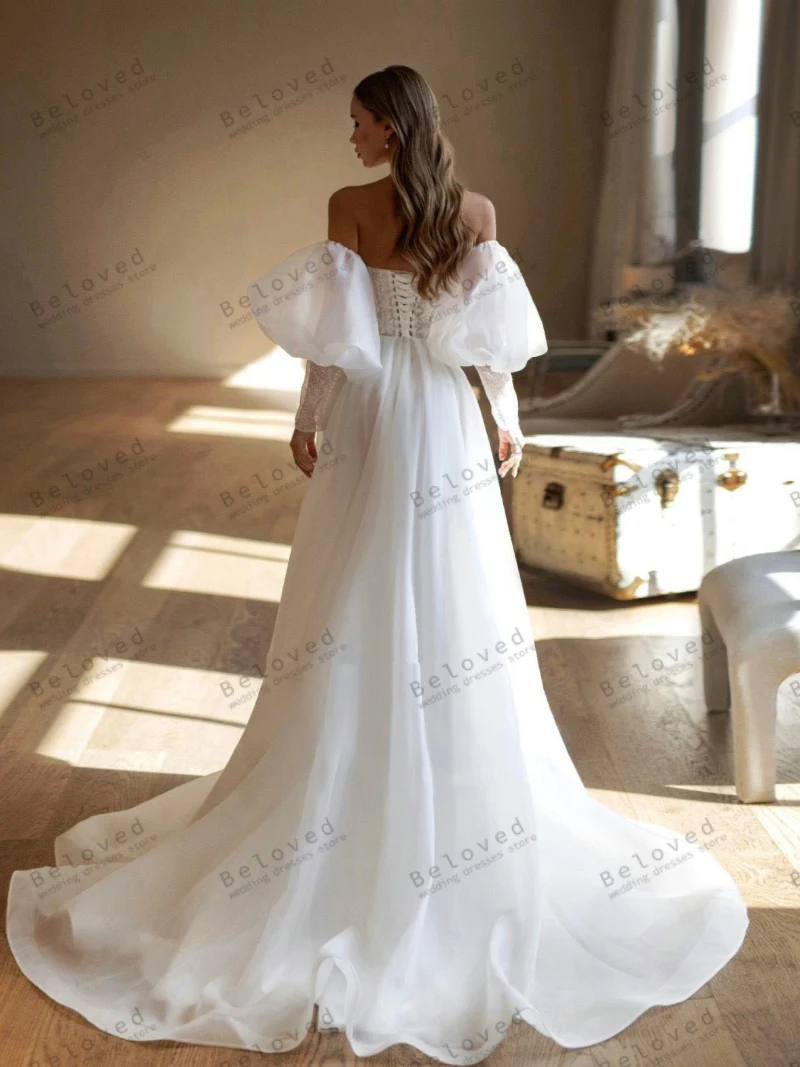 Gorgeous Wedding Dresses A-Line Tulle Tiered Bridal Gowns Lace Appliques Sequin Graceful Robe Off The Shoulder Vestidos De Novia