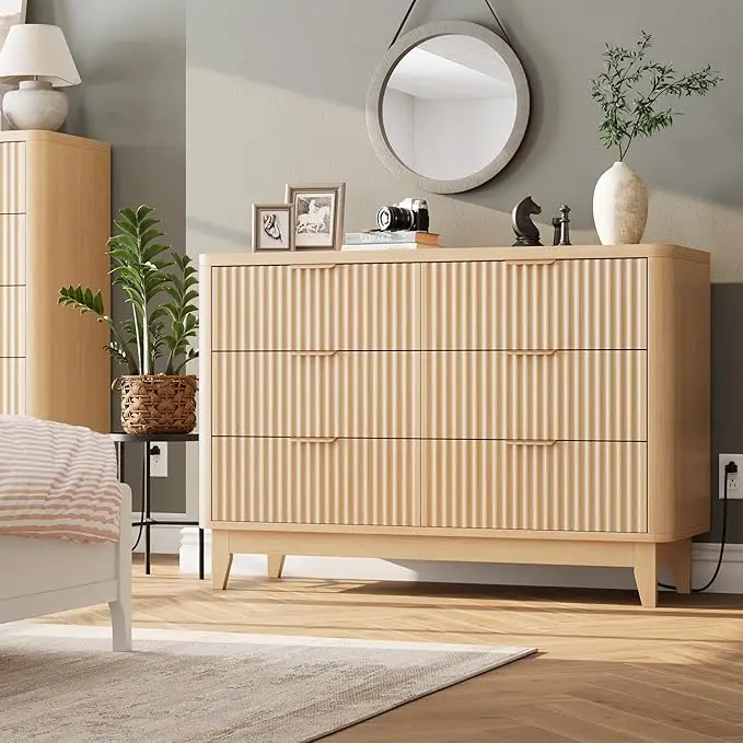

Power Outlet 6-Drawer Fluted Dresser Wide Wooden Chest Drawers Curved Profile Design AMPLITUDE for TV Living Room Cabinets