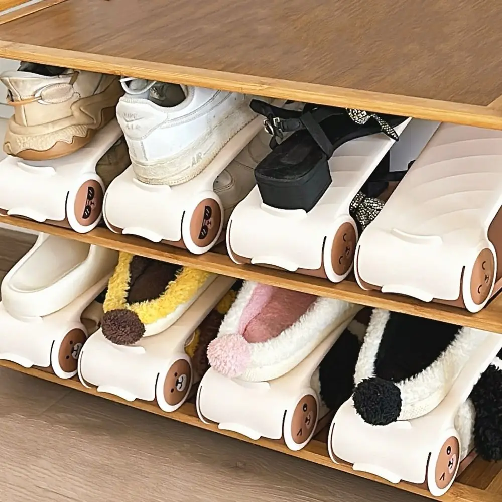 

2pcs Simple Adjustable Double Layer Shoe Rack Space Saving Anti-slip Shoes Storage Rack Plastic 4-Speed Shoe Stack Living Room