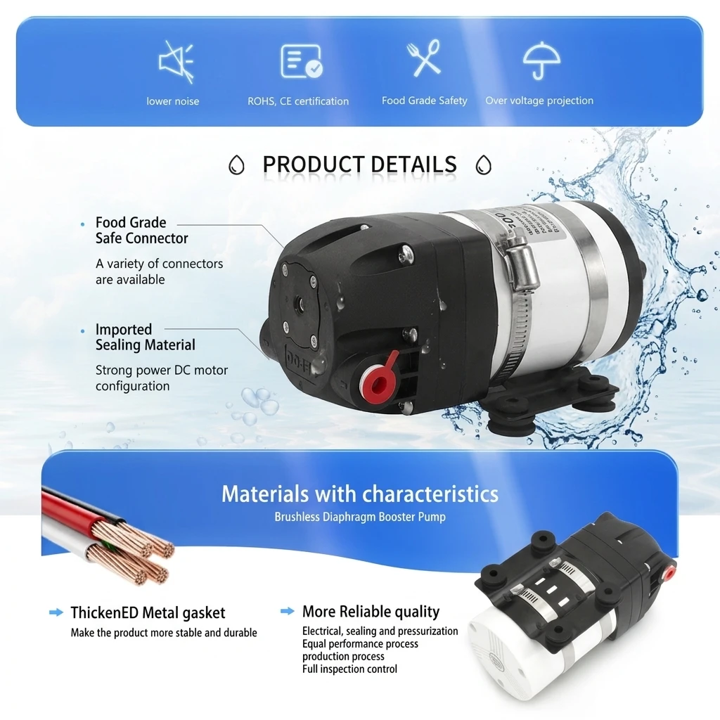 24V 1000GPD 4500ml/min Brushless DC Motor Diaphragm Booster Pump for Drinking Water Treatment/RO with CE Certification view 6