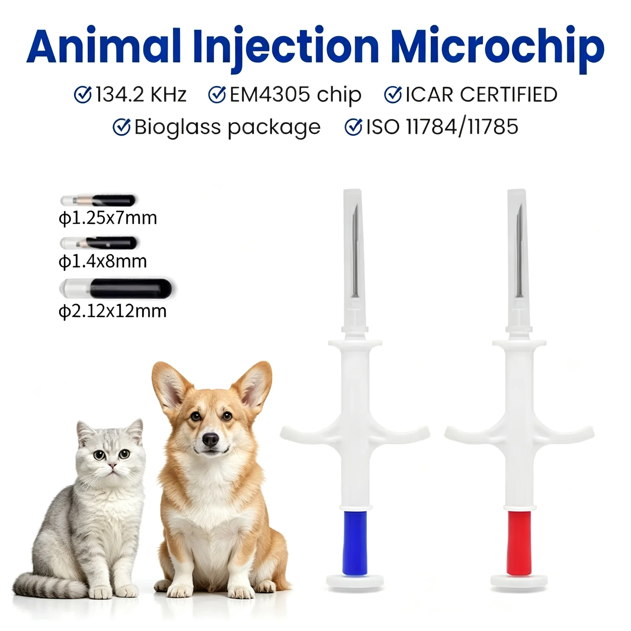100Pcs EM4305 134.2KHz RFID Animal Microchip With Syringe Implantable ID Chip for Dog Cat Sheep Cow Pig Livestock Pet, 2.12X12mm