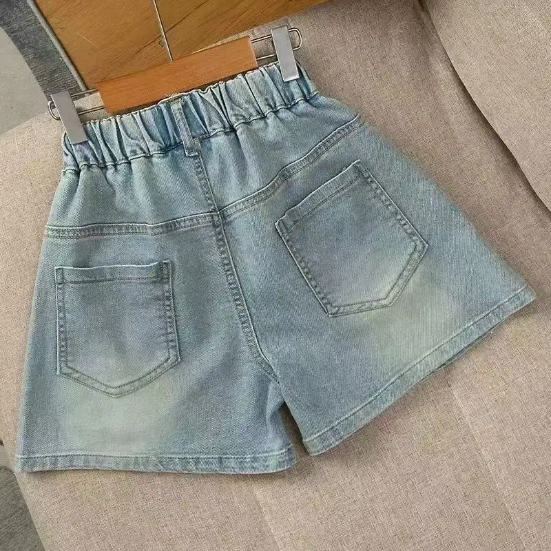 New Summer Girls Shorts Jeans Fashion Embroidery Bow Short Denim Pants For 2-10 Years Kids Clothes Children Cotton Trousers