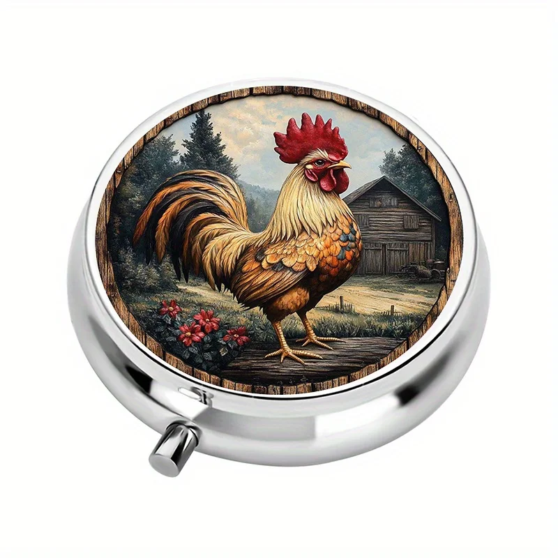 Single pack, mini pill box with 3 compartments, rooster-shaped pill storage box, chicken-themed portable travel vitamin pill box, suitable for travel use - can be placed in a wallet or purse, colorful pill and jewelry storage box