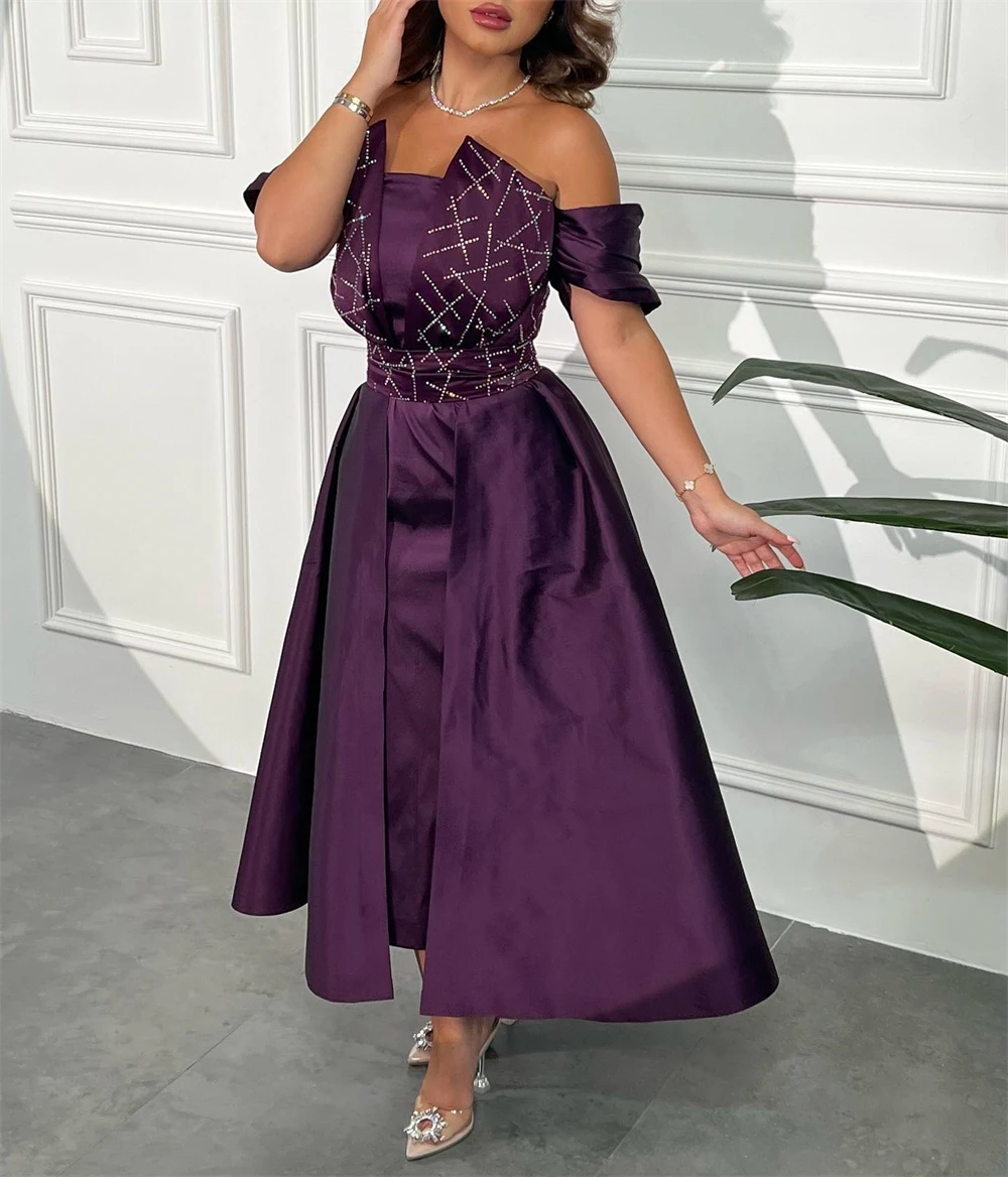 

Prom Dresses Fashion Off the Shoulder Sequin A-line Empire Ankle Length Short Sleeve Satin Formal Evening Gowns فساتين سهرة