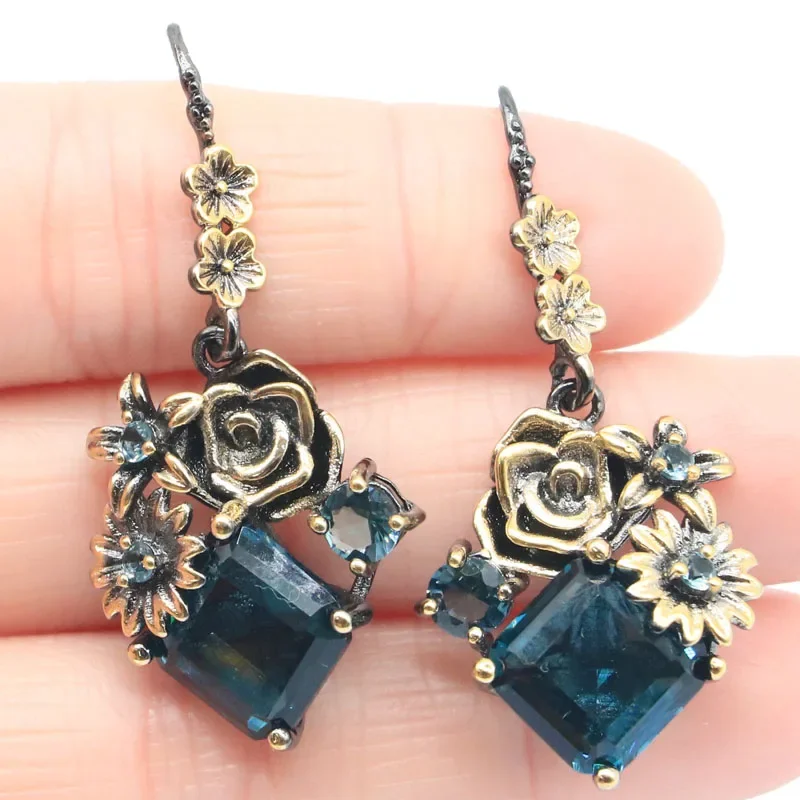 

45x21mm 9.8g Rhodolite Garnet Dark London Blue Topaz Women Black Gold Earrings