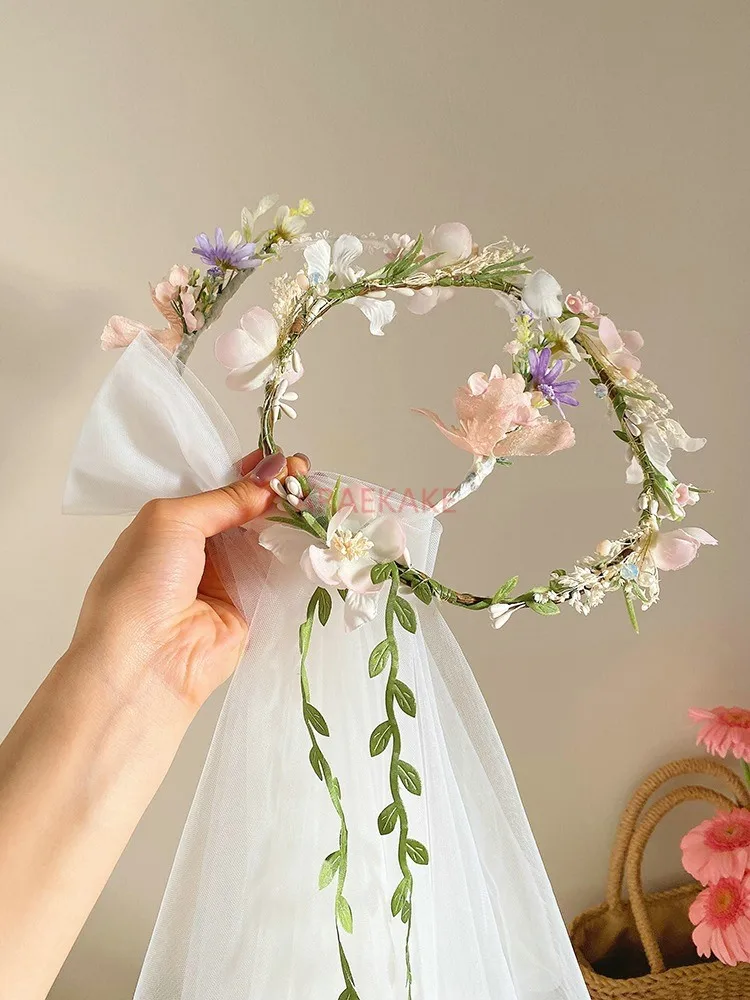 1pcs Flower wreath headband, children's white mesh, bow headband, flower girl braided hair headband image 5