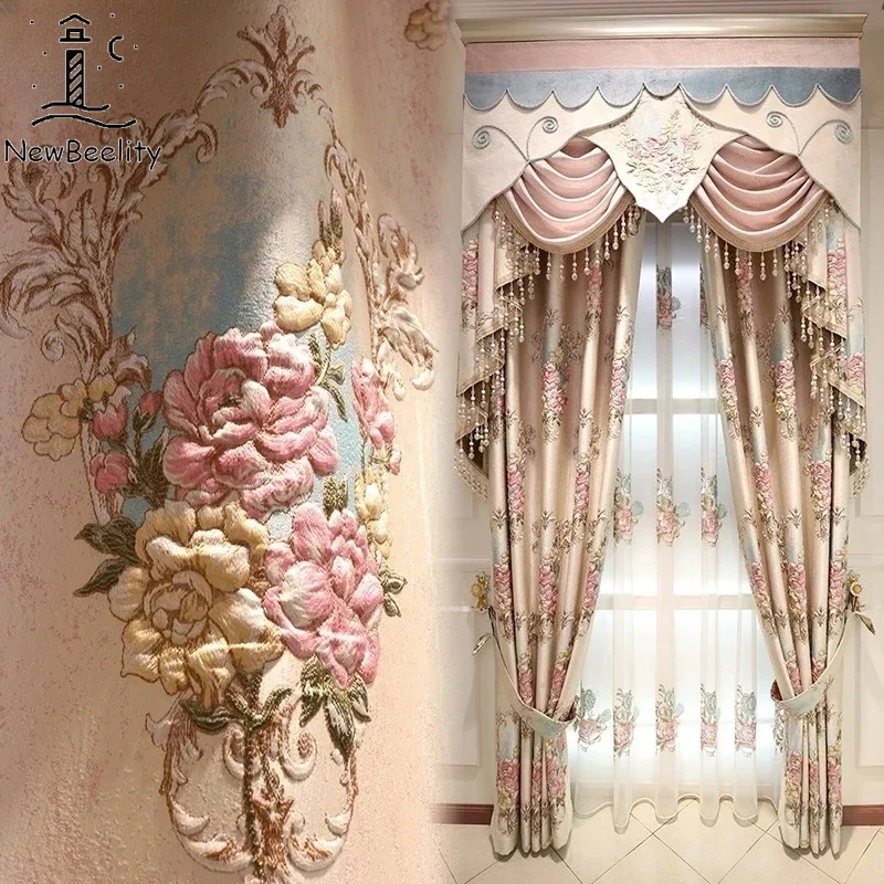 European Luxury Curtains for Living Dining Room Bedroom Thick Jacquard Fabric Grand Embossed Full Shading Pink Valance Custom