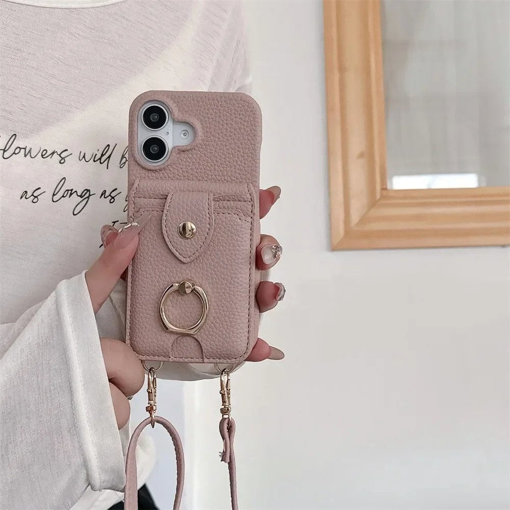 Crossbody Ring Stand Phone Case for IPhone 16 15 Plus 14 11 Pro Max 13 12 Mini Mirror Wallet with Card Holder Leather Cover