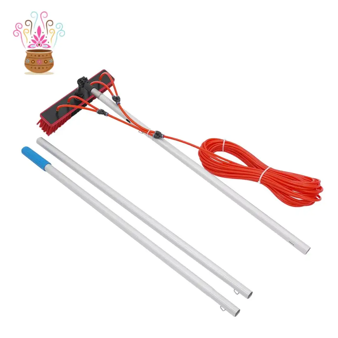 3M Telescopic Water-fed Solar Panel Brush Kit, 35Cm 180° Swivel PP Bristle Head Electrophoresis Alloy Pole Snap Connection 20M Water Hose Portable Storage Bag RV Greenhouse Washing Tool