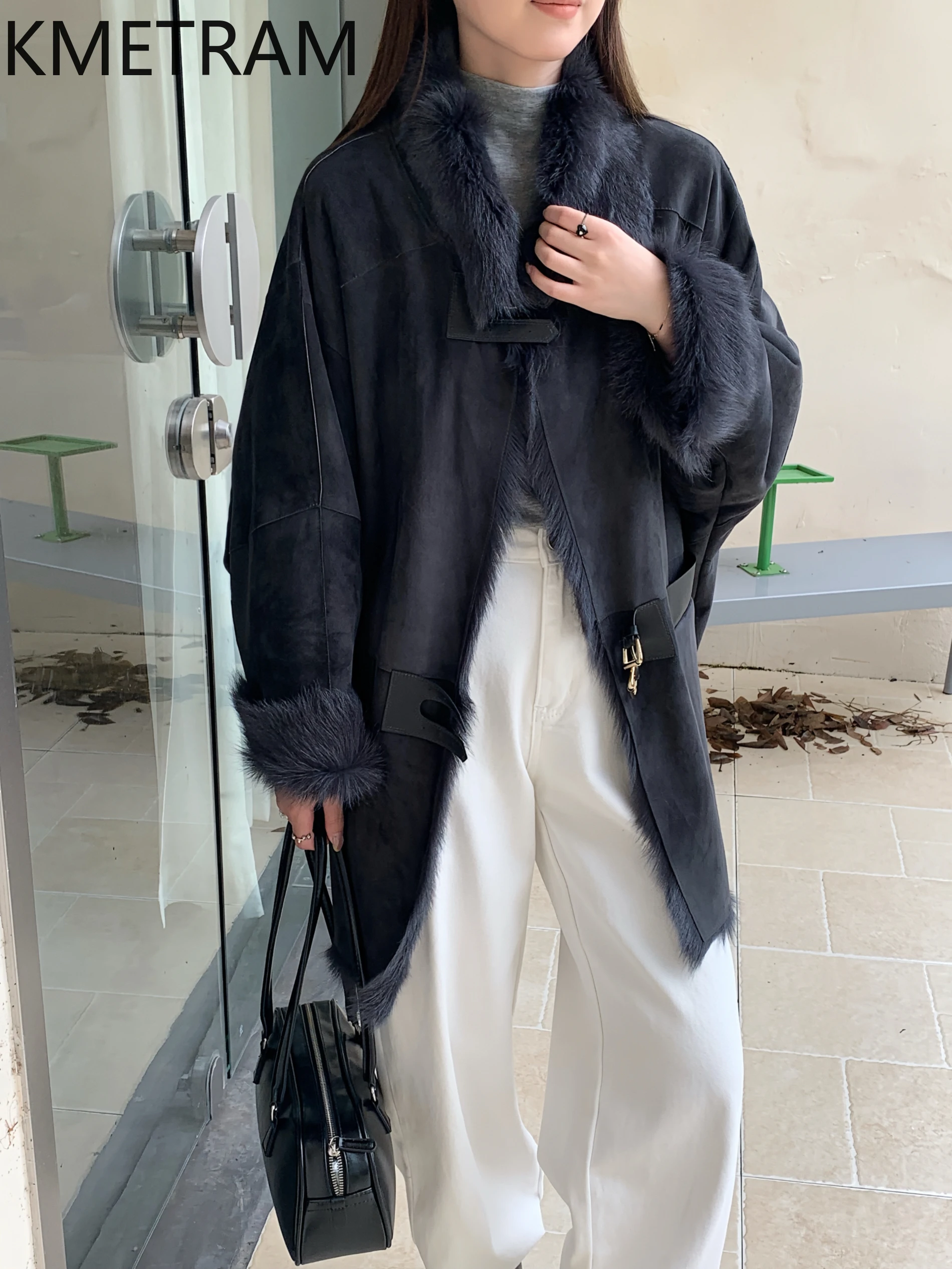 KMETRAM Real Goatskin with Wool Attached Jacket Women Luxury Dark Blue Fur Jackets 2025 New in Coats Winter Woman Clothing шуба