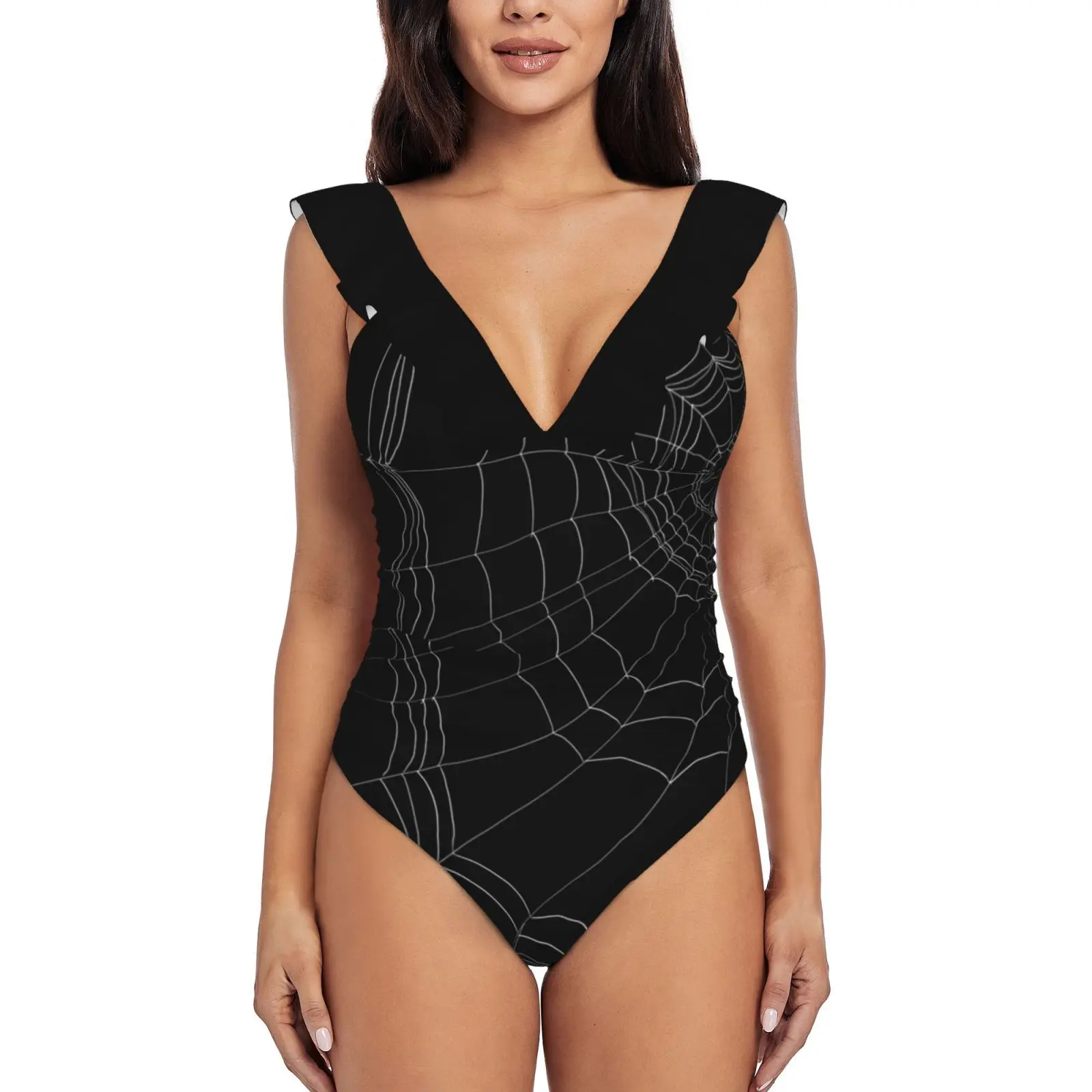 Lazy Spider\'S Web Deep V-Neck Halter One-Piece Swimsuit Ladies Monokini Beach Bathing Suits Swimwear Goth Gothgoth Spider