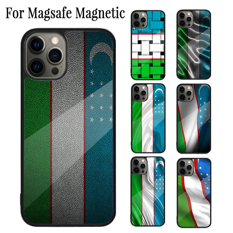 

Магнитный телефонный чехол с флагом Узбекистана, чехол для iPhone 16 15 14 Plus 13 12 Mini 11 Pro Max Magsafe, чехол с беспроводной зарядкой