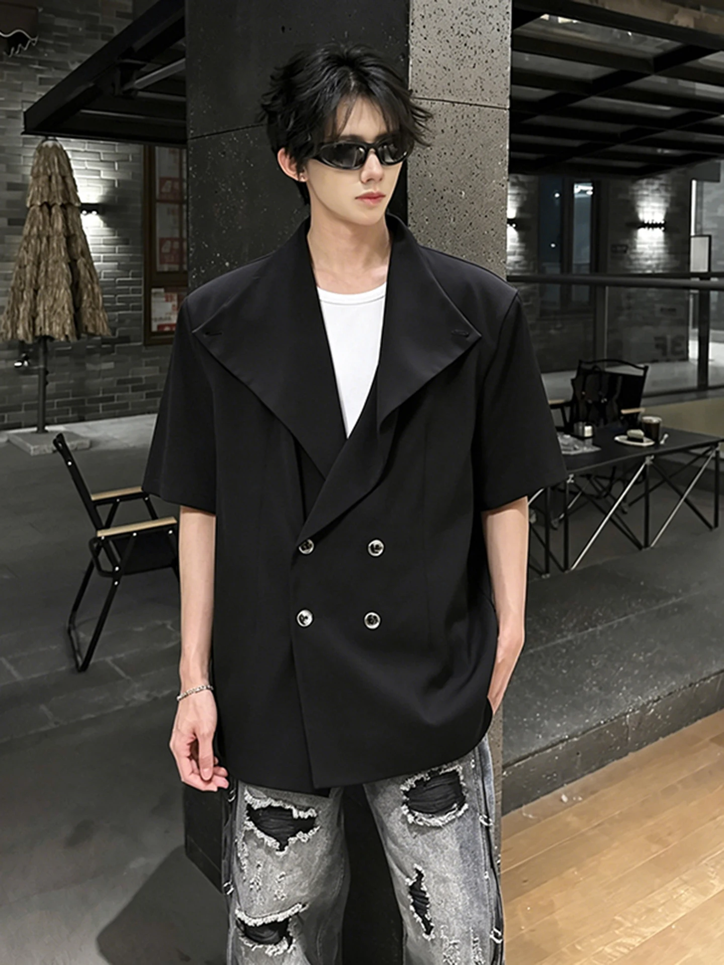 Double-Row Button Black Neck Pad Short-Sleeve Suit Jacket Men's Fashion Small-Target Design Performance Shirt Casual Summer P...