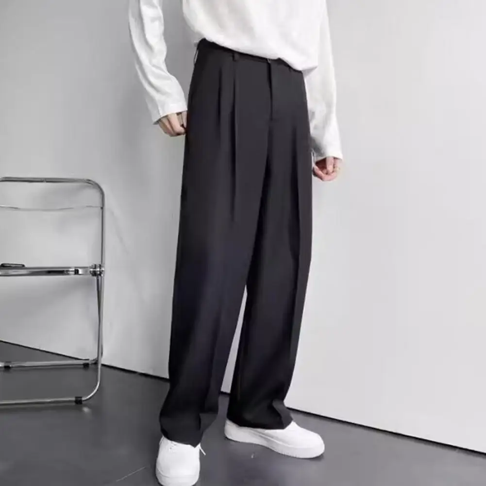 Men Suit Pants Wide Leg Loose Straight-Leg Formal Business Style Side Pockets Button Zipper Closure Solid Color Trousers