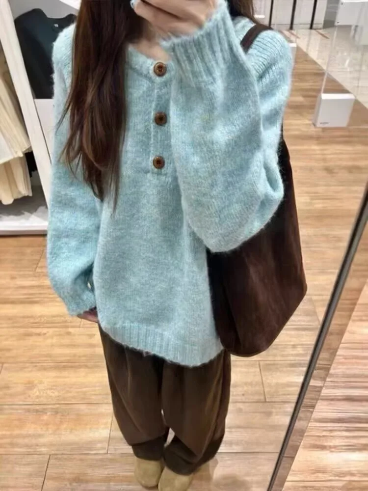 

Синий мягкий уютный женский вязаный свитер 2025: Новинка осени-зимы, теплый, свободный, повседневный базовый топ