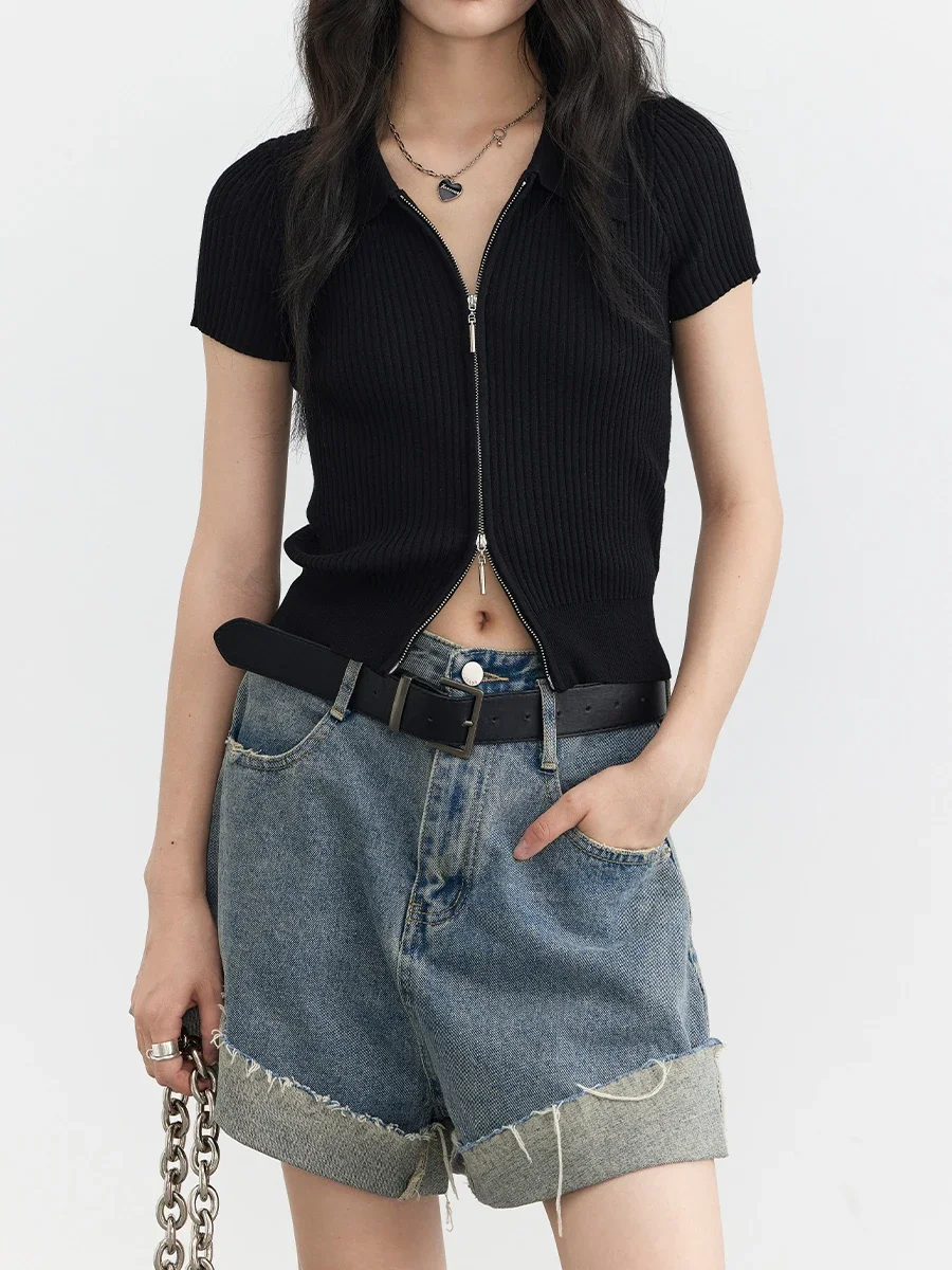 CHIC VEN Korean Women Tops Solid Zipper Cardigan Knitted T-Shirts Short Sleeve Polo Female Top 2023 Summer Tees For Girl