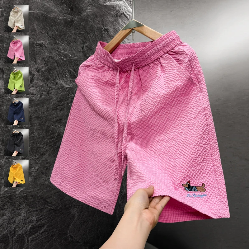 

Брендовые летние тонкие мужские шорты из пузырчатой пряжи с вышивкой таксы, повседневные пляжные шорты, свободные бермуды в цвете «Допамин»