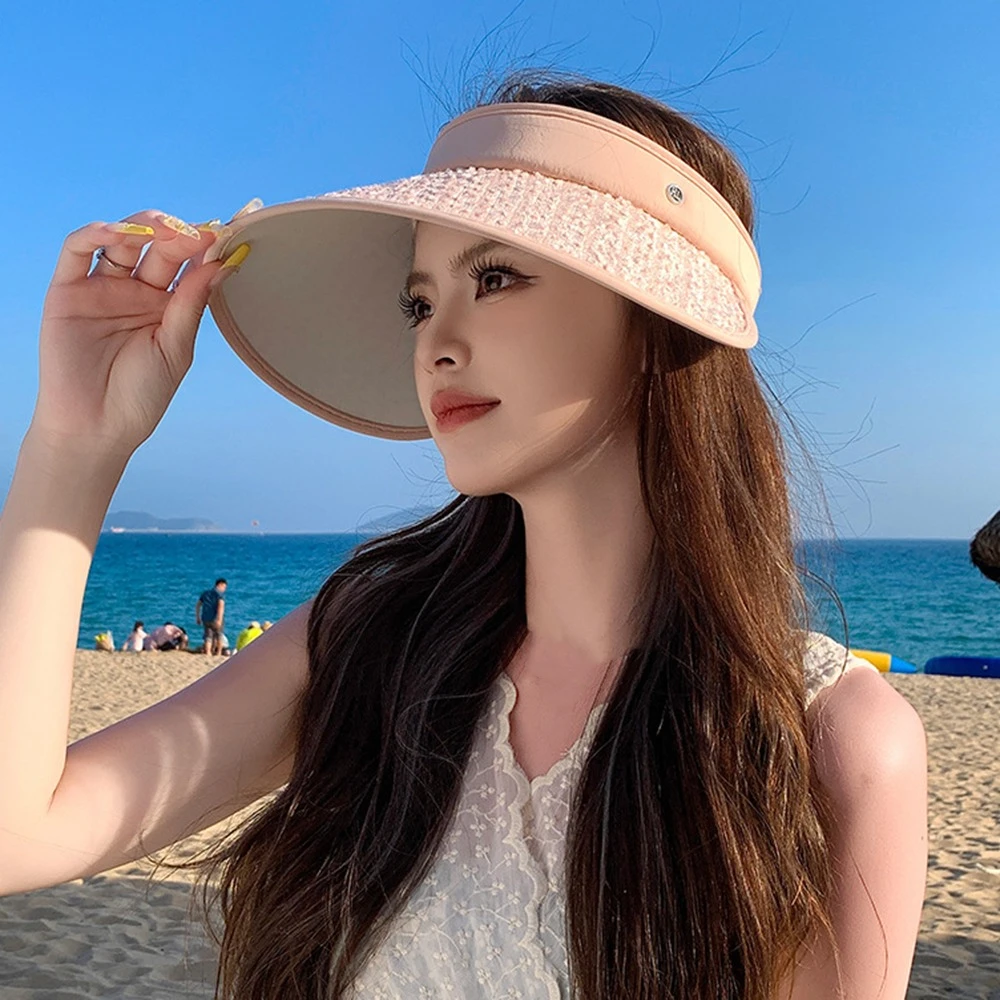 

Sweet Anti-UV Sequin Sun Hat Summer Elastic Buckle Empty Top Cap Korean Style Wide Brim Visor Cap Beach