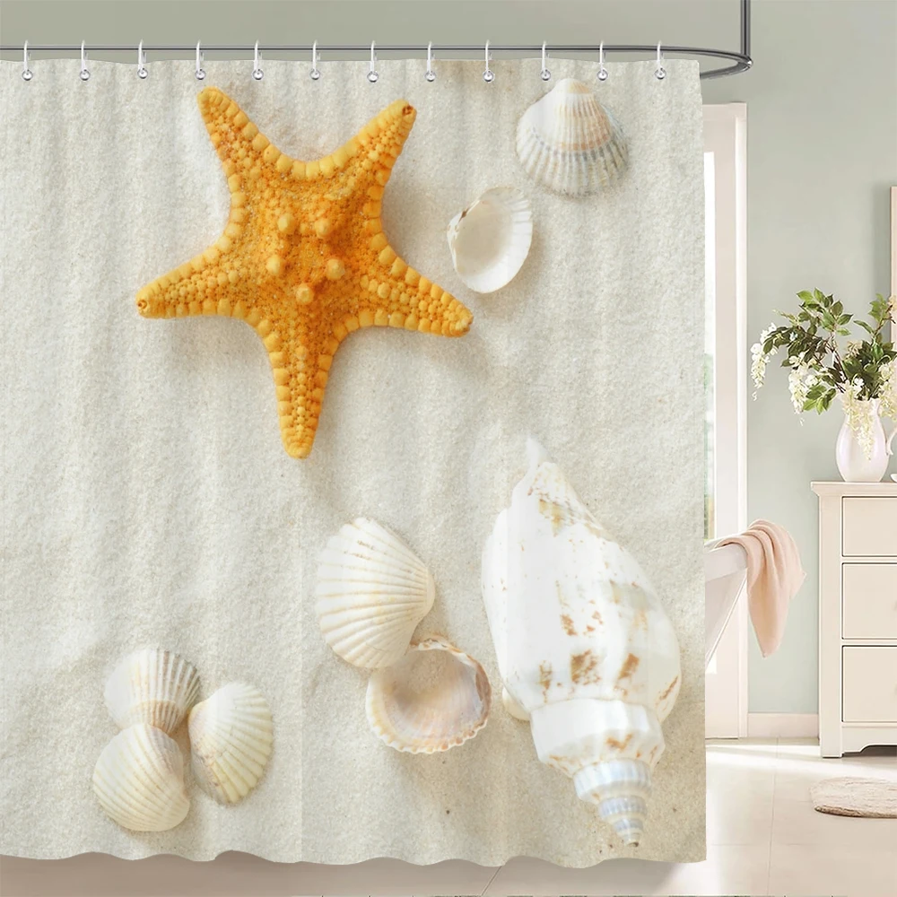 Bath Curtain Sea Beach Shell Starfish Shower Curtains 180*180cm Waterproof Bathroom Home Washable Fabric Bath Screen 12 Hooks