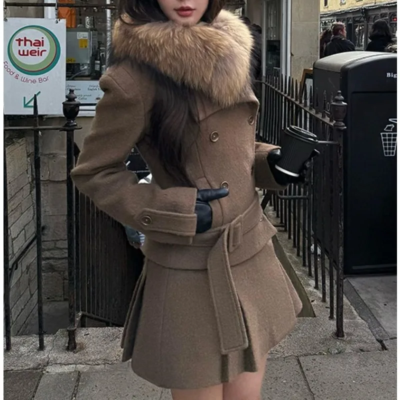 

French Retro Winter Daughter Slim Fit Removable Fur Collar Woolen Jacket Temperament Skirt Two-piece Set