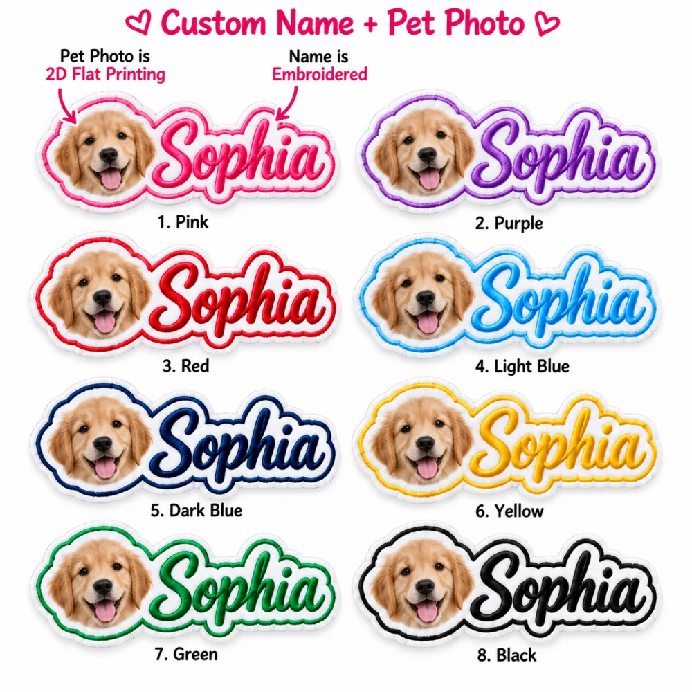 Two-tone Border Custom Patch, Embroidered Name + Printed Pet Photo Self-adhesive Badge, Personalized Sticky Back Patch
