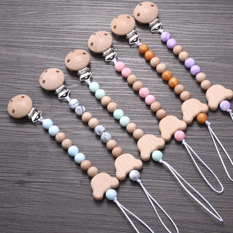 Baby Silicone Round Beads Pacifier Chain Wooden Pacifier Holder Clip For Baby Nursing Chewing Toys Shower Gift Nipple Chain