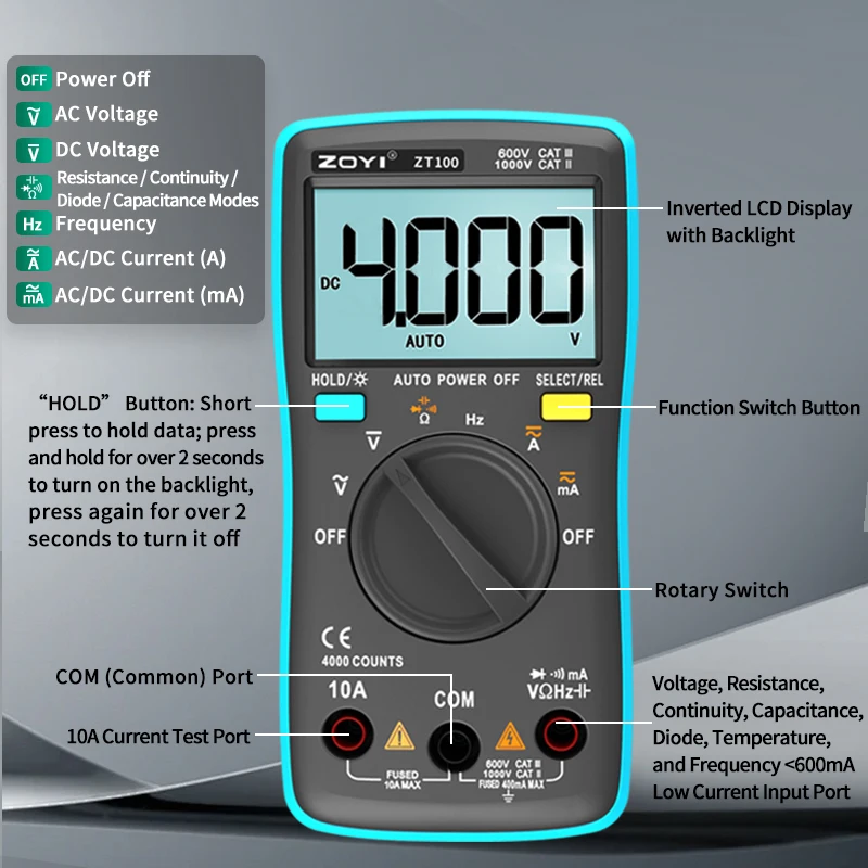 ZOYI ZT100 Tragbares Multimeter Hochpräzises Digitales Smartes Anti-Verbrennungs-Auto-Bereichs-Messgerät für Elektriker – Detail 9