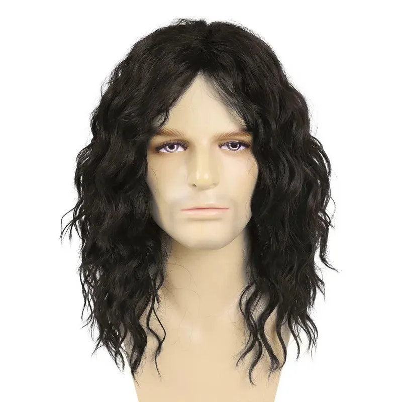 20 Inch Dark Brown Wigs Synthetic Unisex Long Wavy for Men Halloween Costume Cosplay Heavy Metal Rocker Wig Heat Resistant yi;4