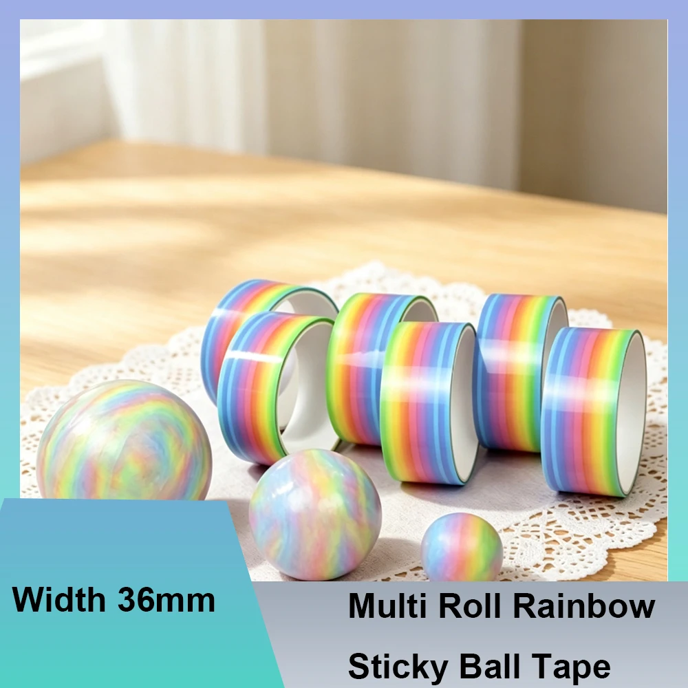 Multi Roll Rainbow Sticky Ball Tape Width 36mm Hand Pull Silk DIY Decompression Tape Self Adhesive Rolling Sensory Craft Toy