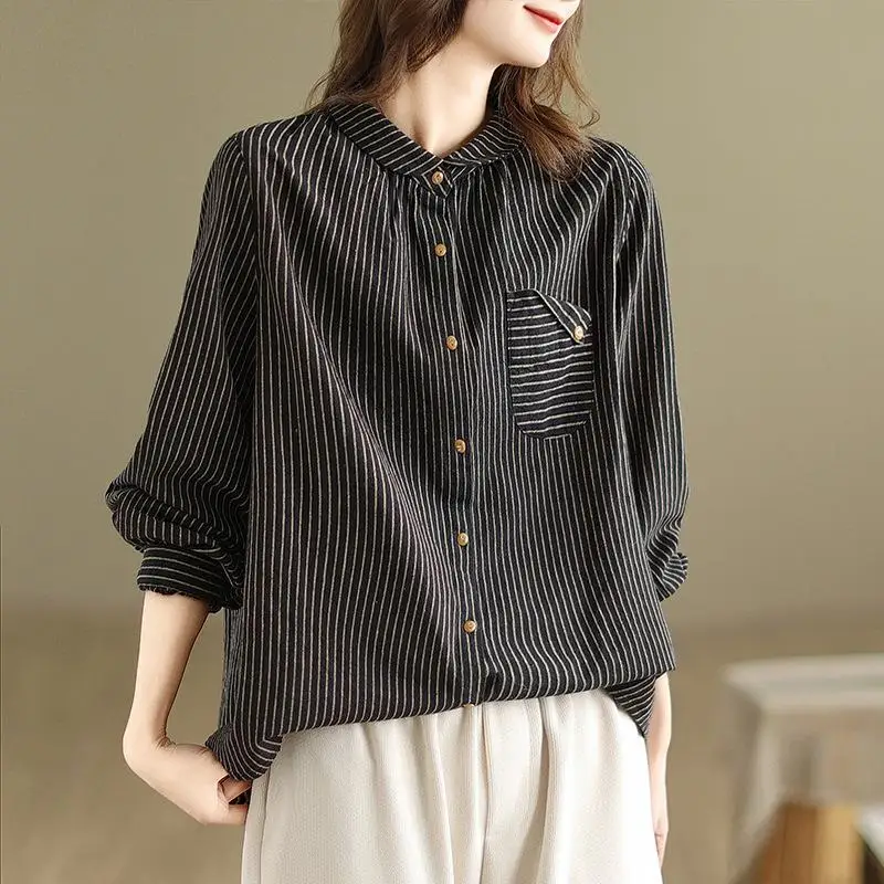 

Women's Cotton Linen Striped Long Sve irt Casual Sle Flip Collar Traditional Pattern Comfortable Fabric Autumn Faion