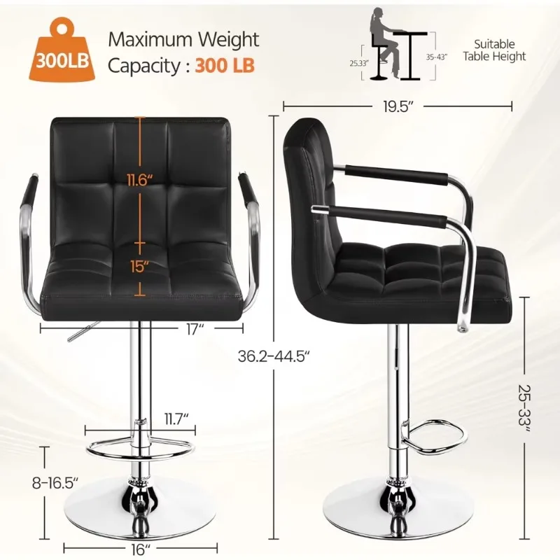 

Bar Stools Set of 2, PU Leather Adjustable Swivel Barstools, Hydraulic Kitchen Counter Height Bar Chairs w/Armrest and Back