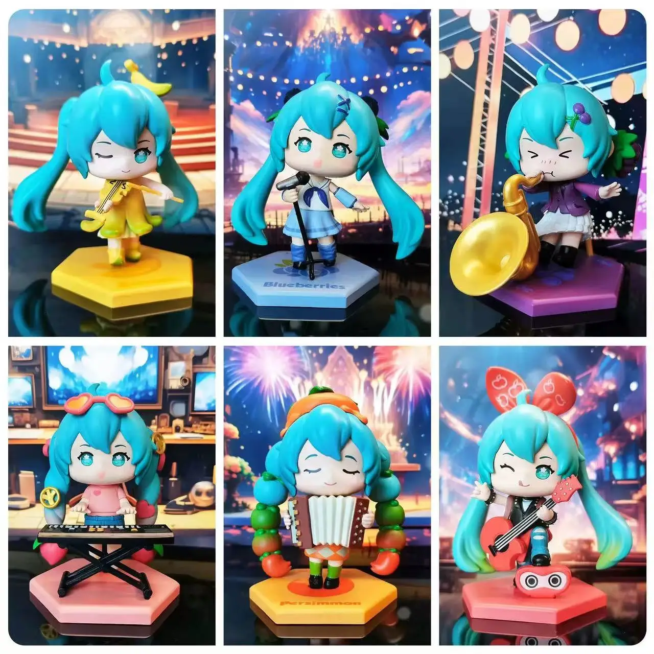 New 6pcs/set Q-version Hatsune Miku Anime Girl Figures Fruit Band Party Doll Model Figurines Collection Kids Toys Fans Gifts