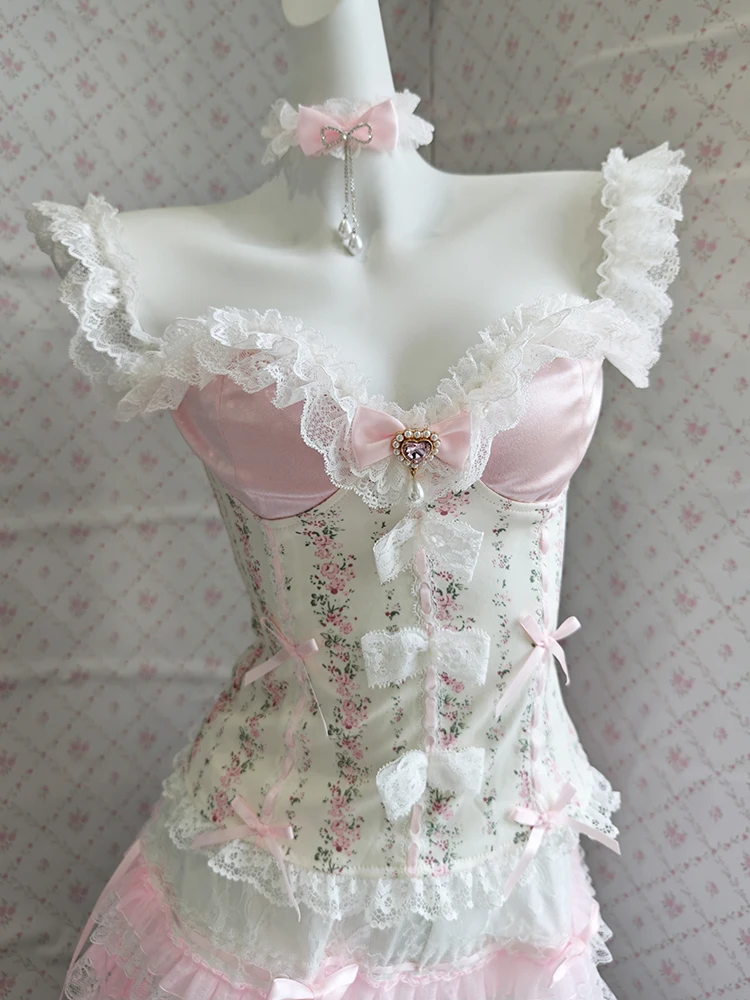 

Cute Floral Tops Women Summer Lace Trim Bows Decoration Tanks for Sweet Girls Kawaii Clothes