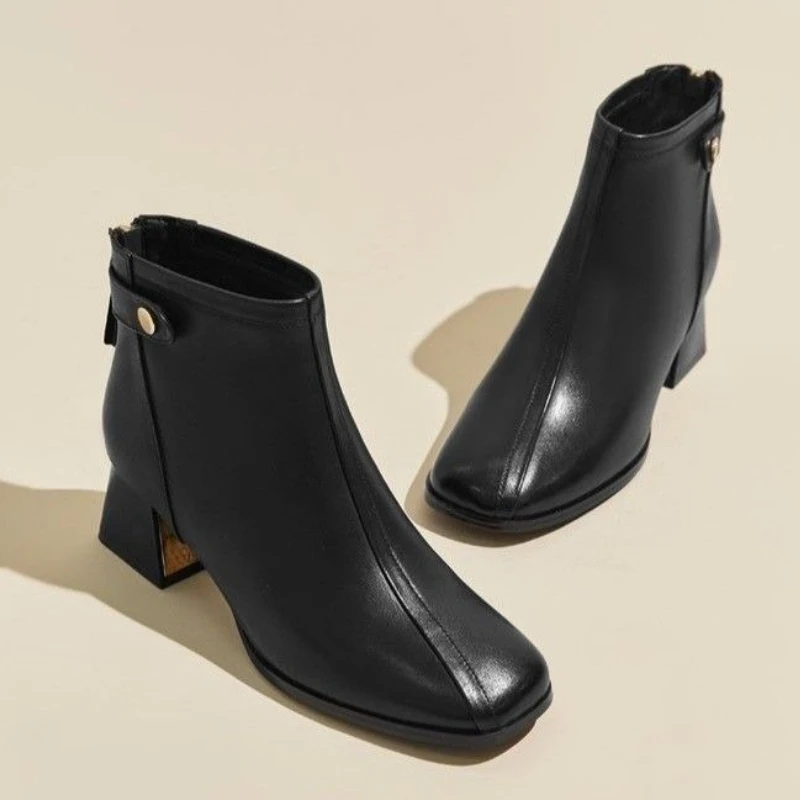 Square Toe Elegant with Medium Heels Woman Short Shoes Autumn Winter Leather Warm Ankle Boots for Women Trend 2025 Hot Booties