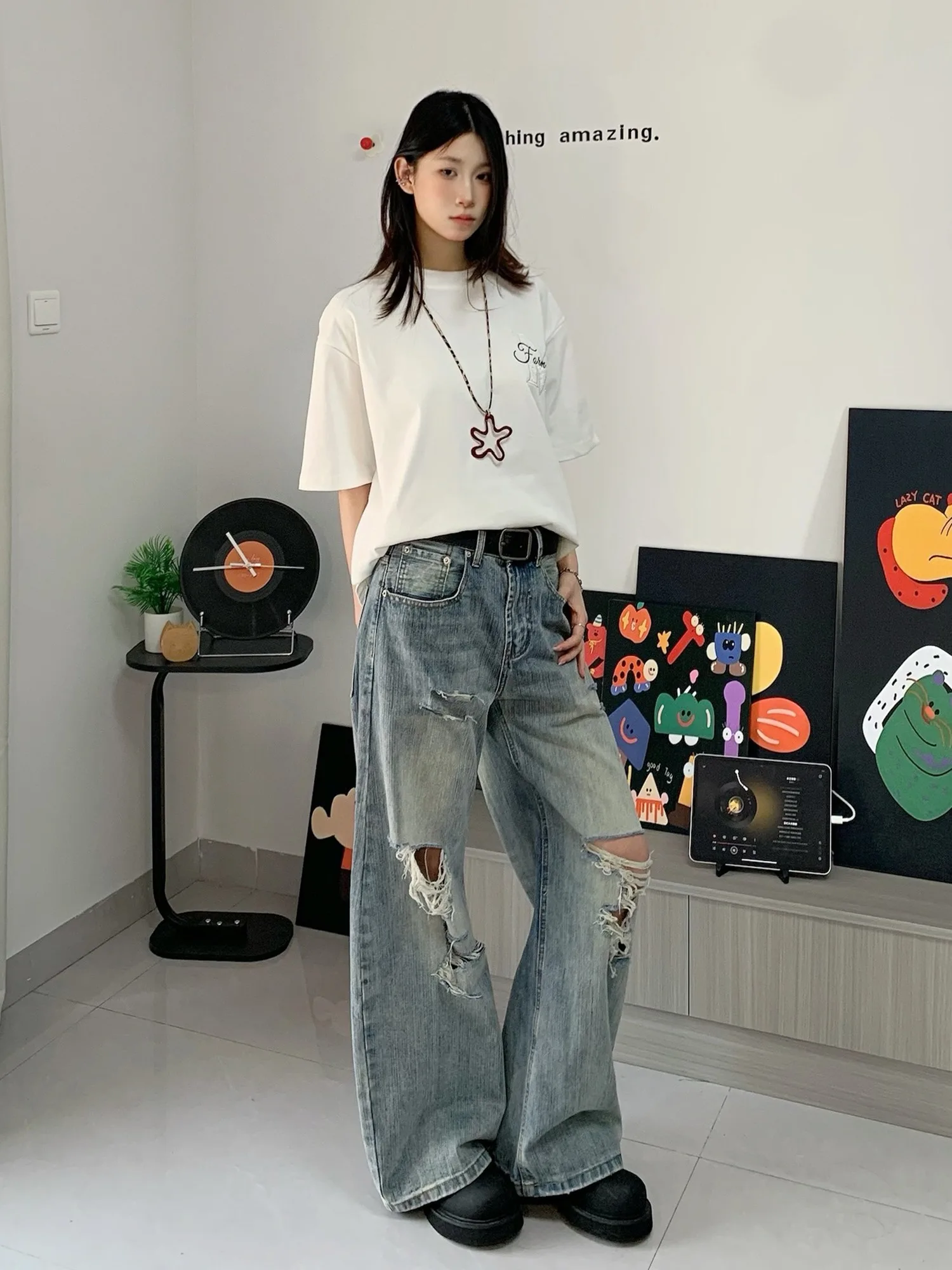 بنطال جينز ممزق قديم من الخيزران بنمط أمريكي عتيق للرجال والنساء بنطال مستقيم فضفاض غير رسمي ومتعدد الاستخدامات #3