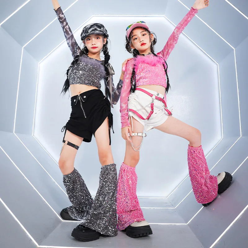 Mädchen K-pop Pailletten Crop Top Street Dance Shorts Kinder Hip Hop Jazz Hot Pants Kleidung Sets Kinder Streetwear Mädchen gruppe Kostüm