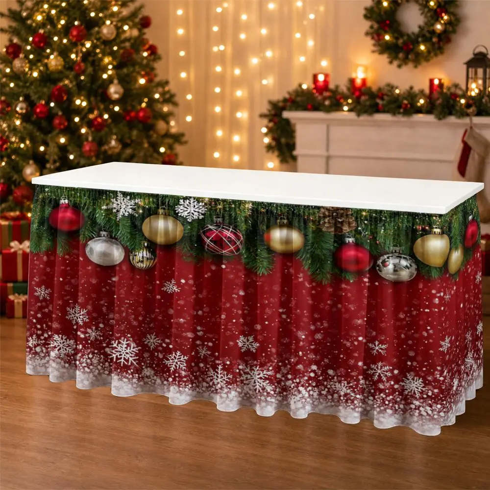 1 falda de mesa para tartas navideñas, adornos navideños, fondo rojo, falda de mesa tipo buffet para tartas navideñas