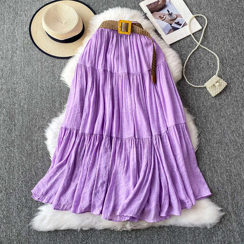 Solid color midi skirt women summer 2025 short medium to long casual high waisted slimming big swing fluffy cake skirt