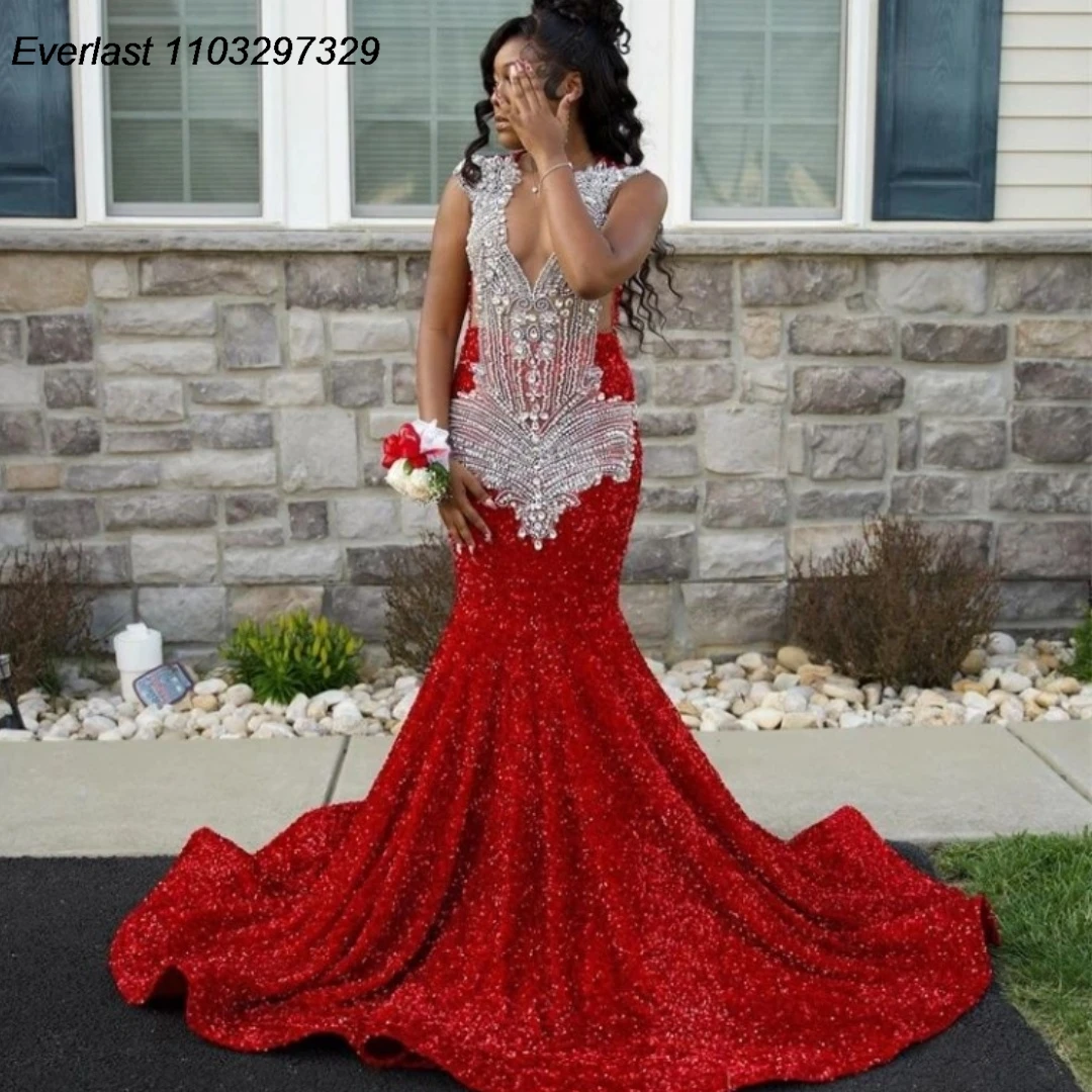 EVLAST Customized Red Sequins African Mermaid Prom Dress For Black Girls Beaded Crystal Birthday Party Gown Robe De Soiree TPD21