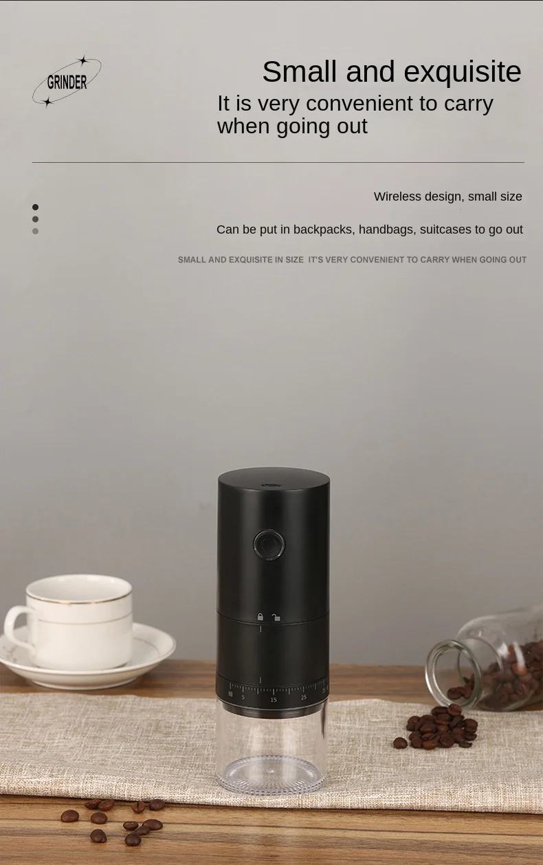 2024 Neue tragbare elektrische Kaffeemühle, 38 Gänge, Einstellung, Keramikfilter, lange Akkulaufzeit, Ein-Knopf-Start, Bohnenmühle – Detail 3